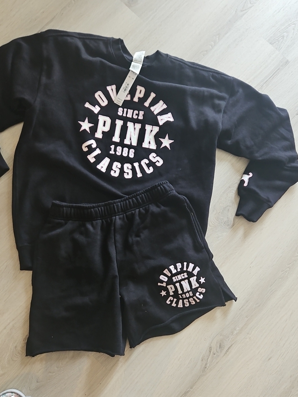PINK Black Sweatshirt & Shorts Set with Pink Logo